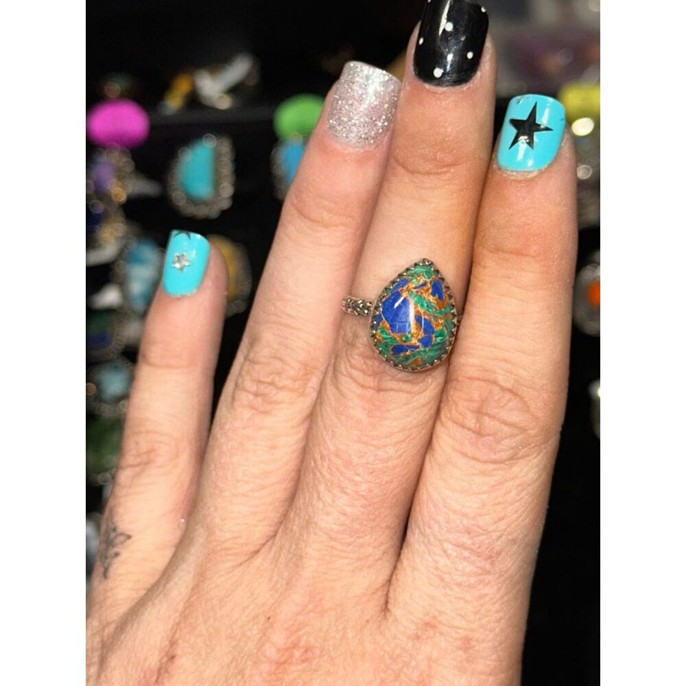 Copper Turquoise Teardrop Sterling Silver Overlay Ring Size 7